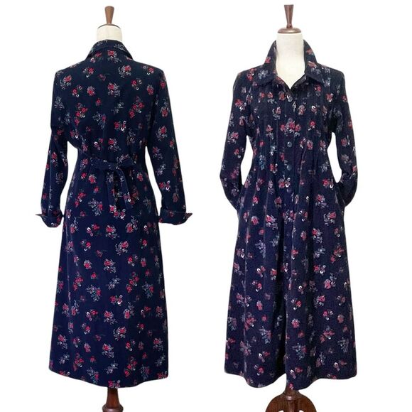 Vermont Country Store Pintuck Cotton Corduroy Dress Navy Blue Floral Size Medium - Picture 1 of 15
